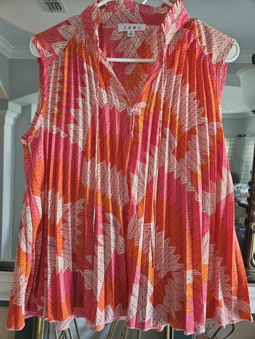 THML Pink Orange Abstract Geometric Feather Print Sleeveless Blouse Small